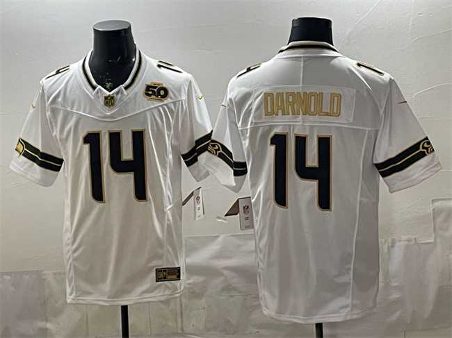 Men%27s Seattle Seahawks #14 Sam Darnold White Gold 2025 F.U.S.E. 50th Season Patch Vapor Limited Stitched Jersey->seattle seahawks->NFL Jersey
