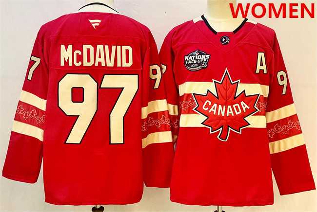 Womens Canada #97 Connor McDavid Red 2025 4 Nations Face-Off Premium With A Patch Stitched Jersey->2025 4 nations face-off->NHL Jersey