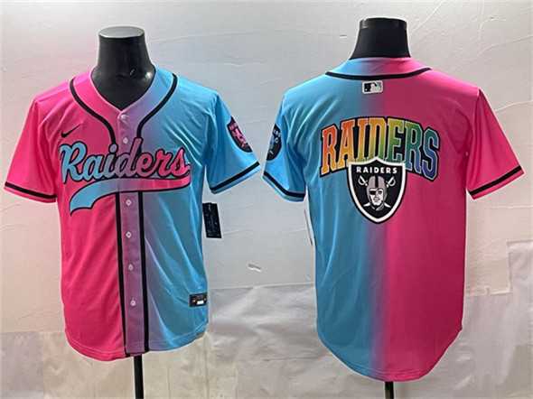 Men%27s Las Vegas Raiders Team Big Logo Pink Blue Limited Stitched Baseball Jersey->las vegas raiders->NFL Jersey