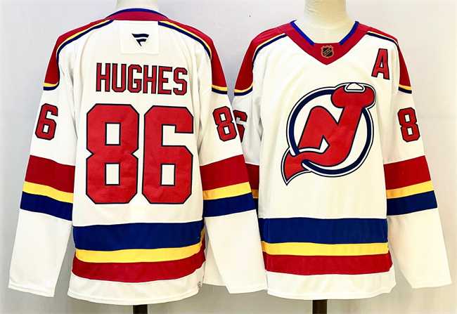 Mens New Jersey Devils #86 Jack Hughes White Red 2024-25 With A Patch Stitched Hockey Jersey->new jersey devils->NHL Jersey