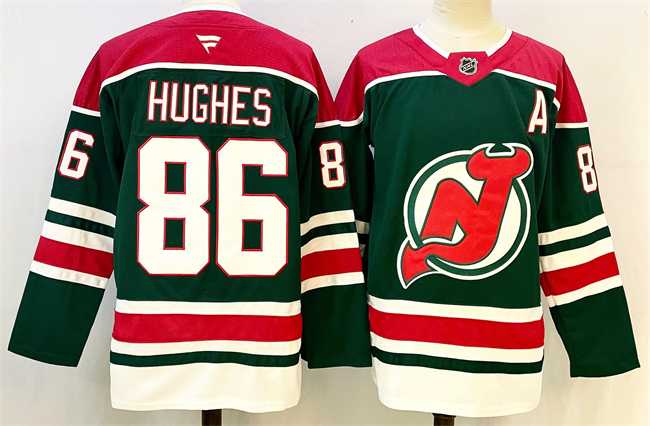 Mens New Jersey Devils #86 Jack Hughes Green Red 2024-25 With A Patch Stitched Hockey Jersey->new jersey devils->NHL Jersey