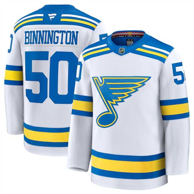 Men%27s St. Louis Blues #50 Jordan Binnington White 2024-25 Away Stitched Hockey Jersey Dzhi->utah mammoth->NHL Jersey