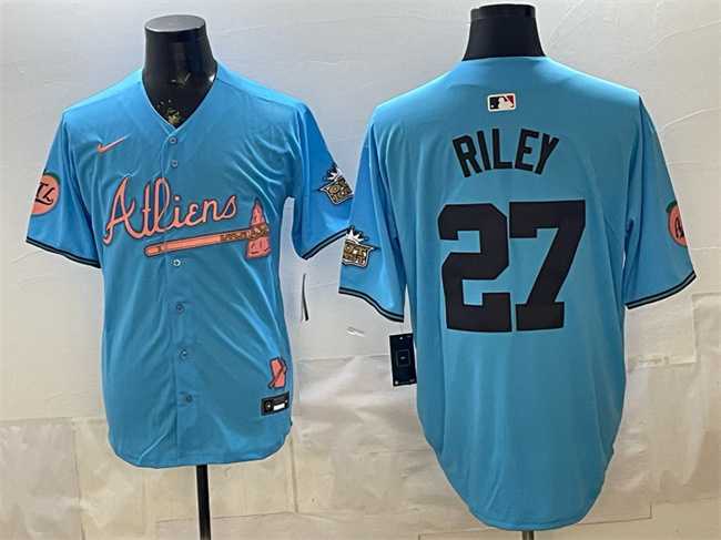 Men%27s Atlanta Braves #27 Austin Riley Blue 2024 Atliens & Peach With Outkast Patch Vapor Limited Stitched Jersey Dzhi->atlanta braves->MLB Jersey
