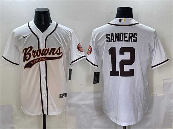 Men%27s Cleveland Browns #12 Shedeur Sanders White With Patch Cool Base Stitched Baseball Jersey->cleveland browns->NFL Jersey