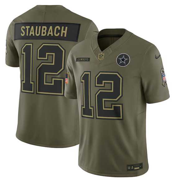 Men%27s Dallas Cowboys #12 Roger Staubach Olive 2025 Salute to Service Limited Stitched Jersey Dyin->dallas cowboys->NFL Jersey