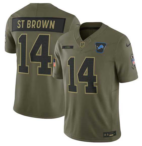 Men%27s Detroit Lions #14 Amon-Ra St. Brown Olive 2025 Salute to Service Limited Stitched Jersey Dyin->detroit lions->NFL Jersey