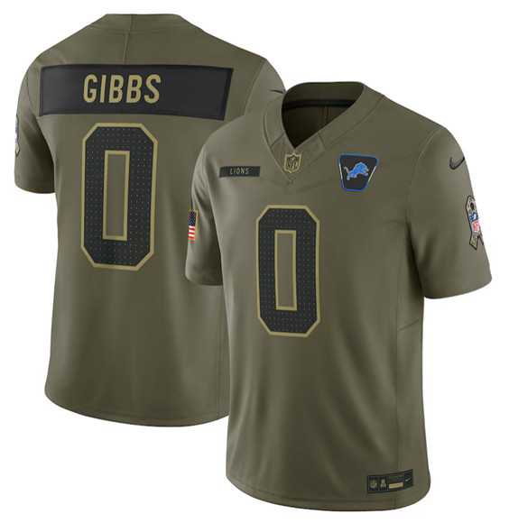 Men%27s Detroit Lions #0 Jahmyr Gibbs Olive 2025 Salute to Service Limited Stitched Jersey Dyin->detroit lions->NFL Jersey