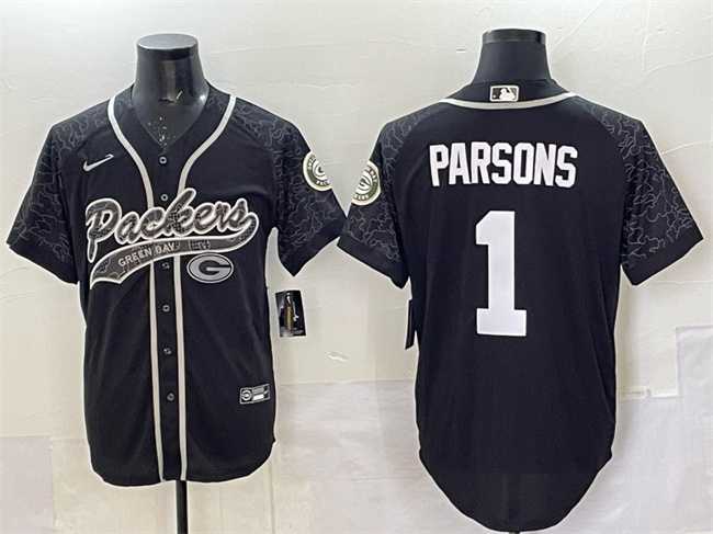 Men%27s Green Bay Packers #1 Micah Parsons Black Reflective With Patch Cool Base Stitched Baseball Jersey->detroit lions->NFL Jersey