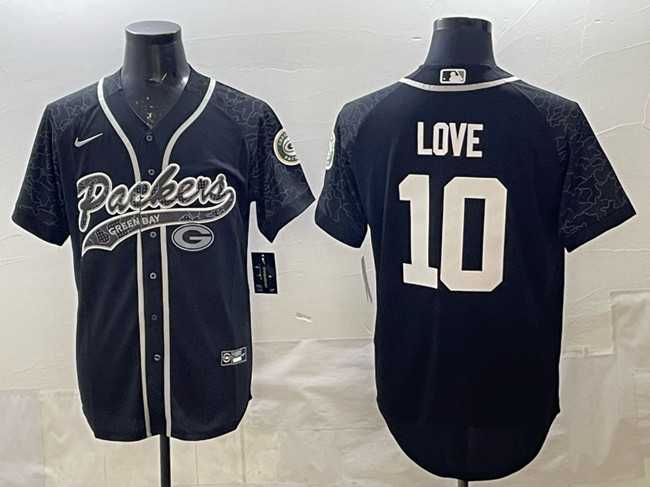 Mens Green Bay Packers #10 Jordan Love Black Reflective With Patch Cool Base Stitched Baseball Jersey->green bay packers->NFL Jersey
