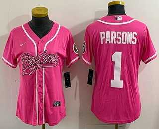 Womens Green Bay Packers #1 Micah Parsons Pink With Patch Cool Base Stitched Baseball Jersey->green bay packers->NFL Jersey
