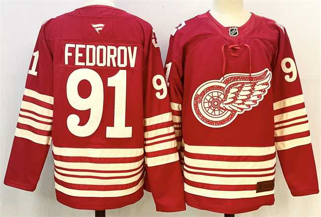 Men%27s Detroit Red Wings #91 Sergei Fedorov Red 2025-26 Centennial Premium Stitched Jersey->detroit red wings->NHL Jersey