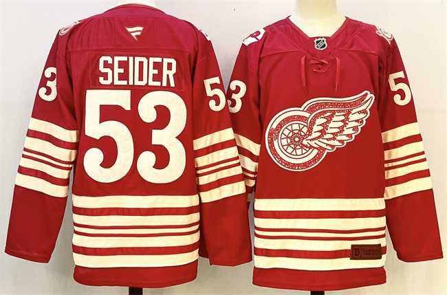Men%27s Detroit Red Wings #53 Moritz Seider Red 2025-26 Centennial Premium Stitched Jersey->detroit red wings->NHL Jersey